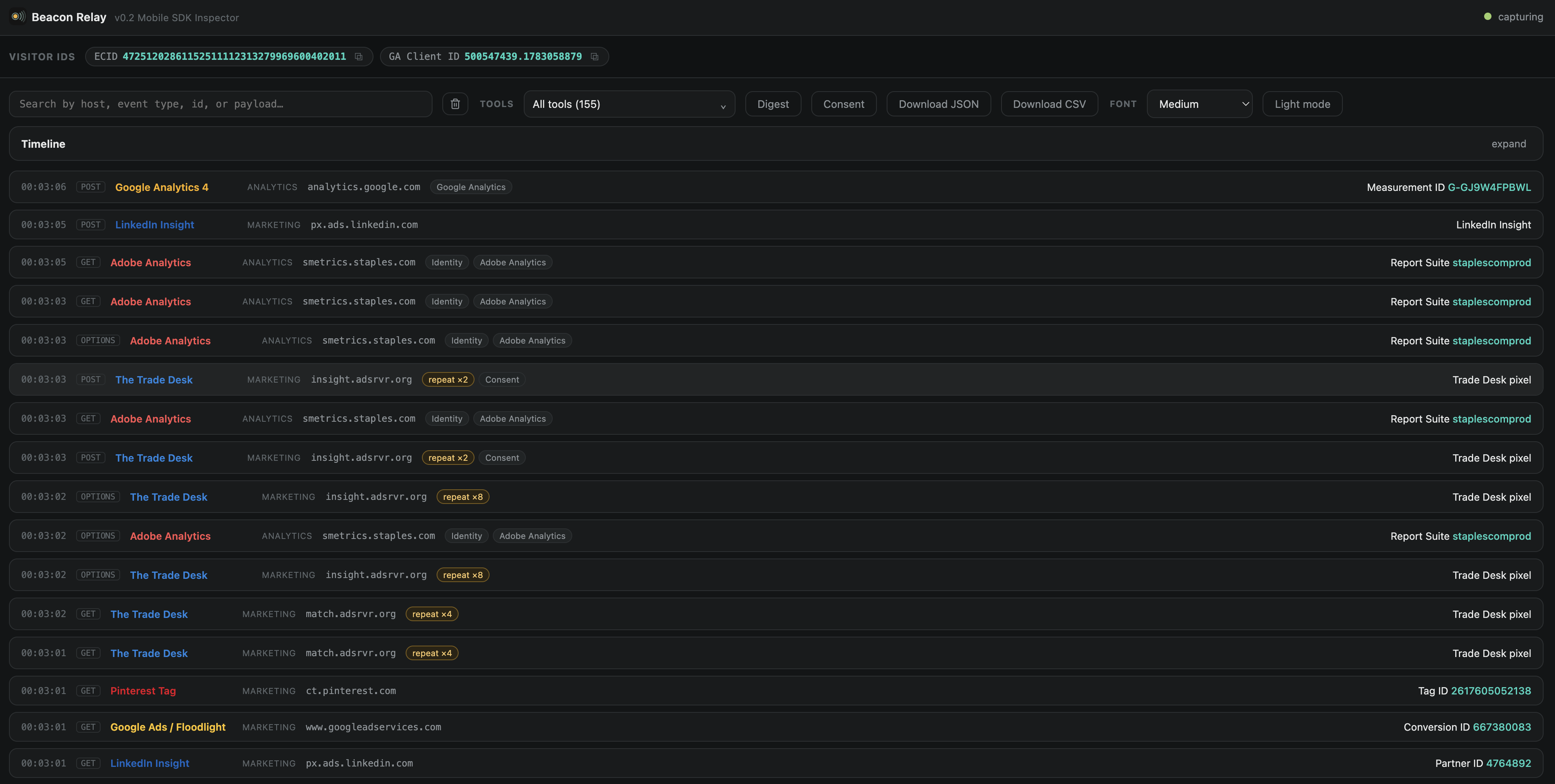 Beacon Relay home: live mobile SDK inspection timeline